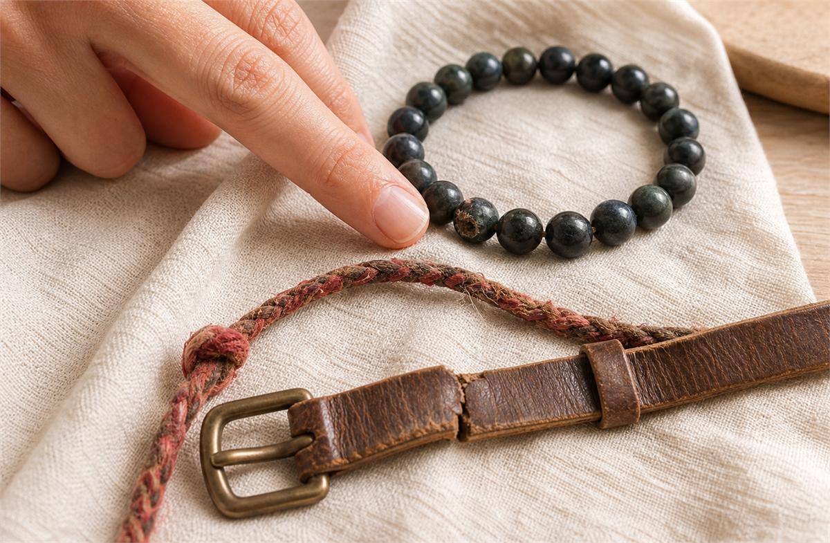 Frayed cord, damaged bead hole and cracked leather bracelet inspected by hand