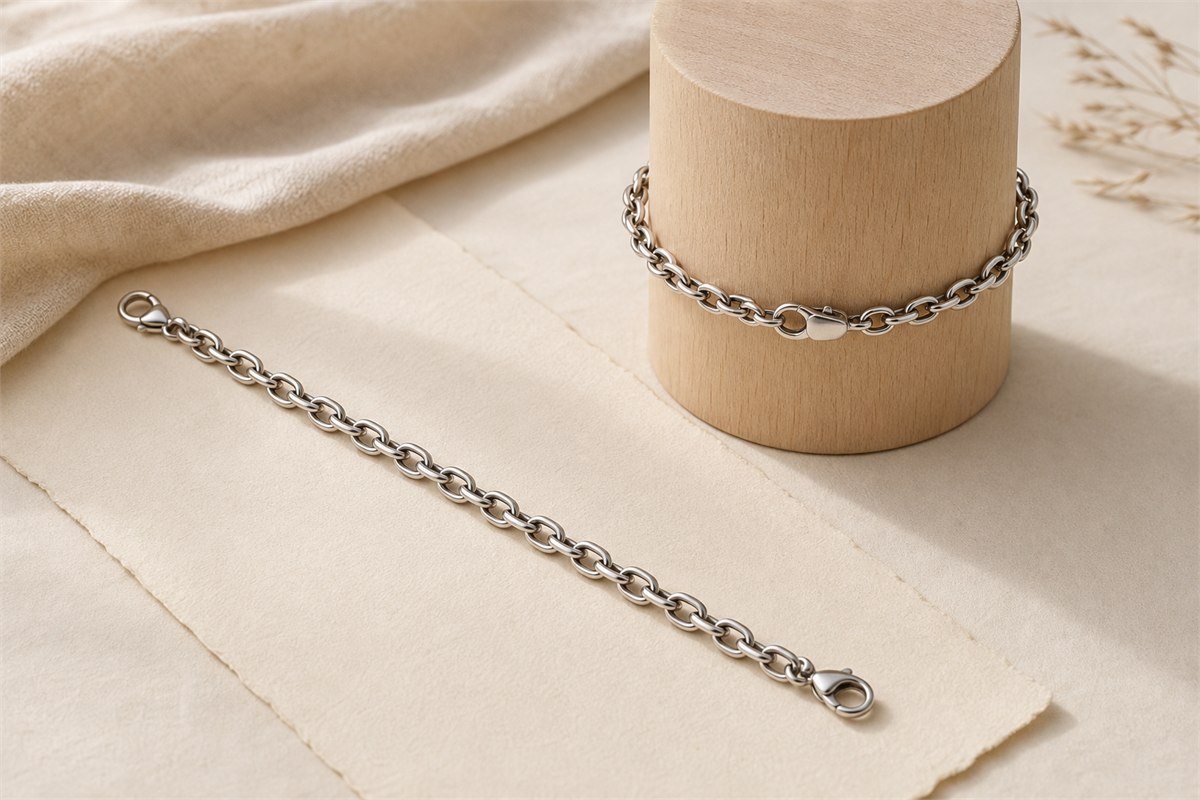 The same silver-tone chain bracelet laid flat and closed around a wooden sizing cylinder