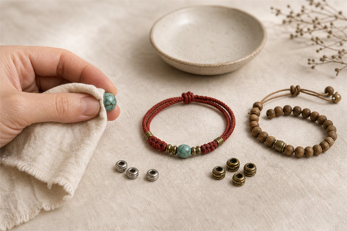 Hand wiping a turquoise bead beside dry cord, wood-bead bracelets, and separate metal spacers