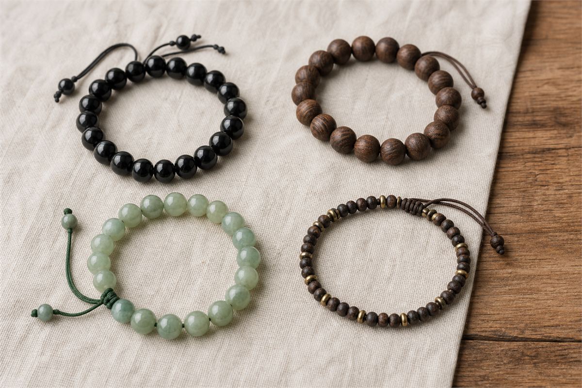 Four separate flexible bracelets made with black glass wood pale green stone and brass spacers