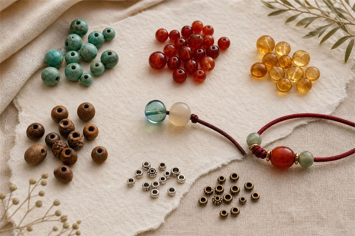 Separate turquoise, red agate, amber, wood, glass, resin, and metal bracelet materials on ivory paper