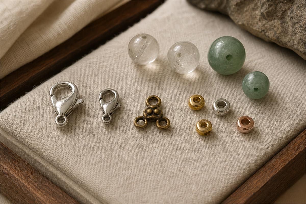 Sterling silver clasp, stainless clasp, brass component, and plated spacers beside gemstone beads