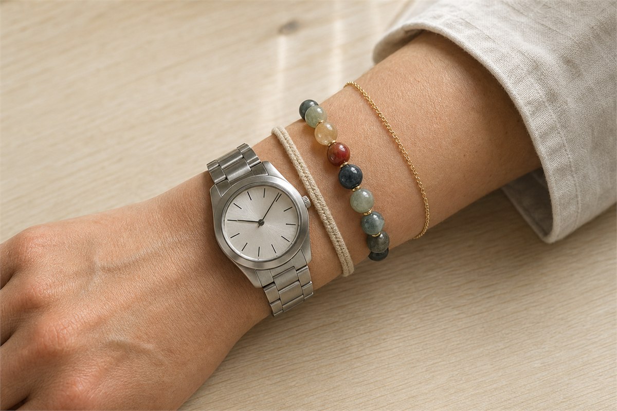 Wrist stack with a steel watch, soft woven separator, bead bracelet, and slim gold chain spaced apart