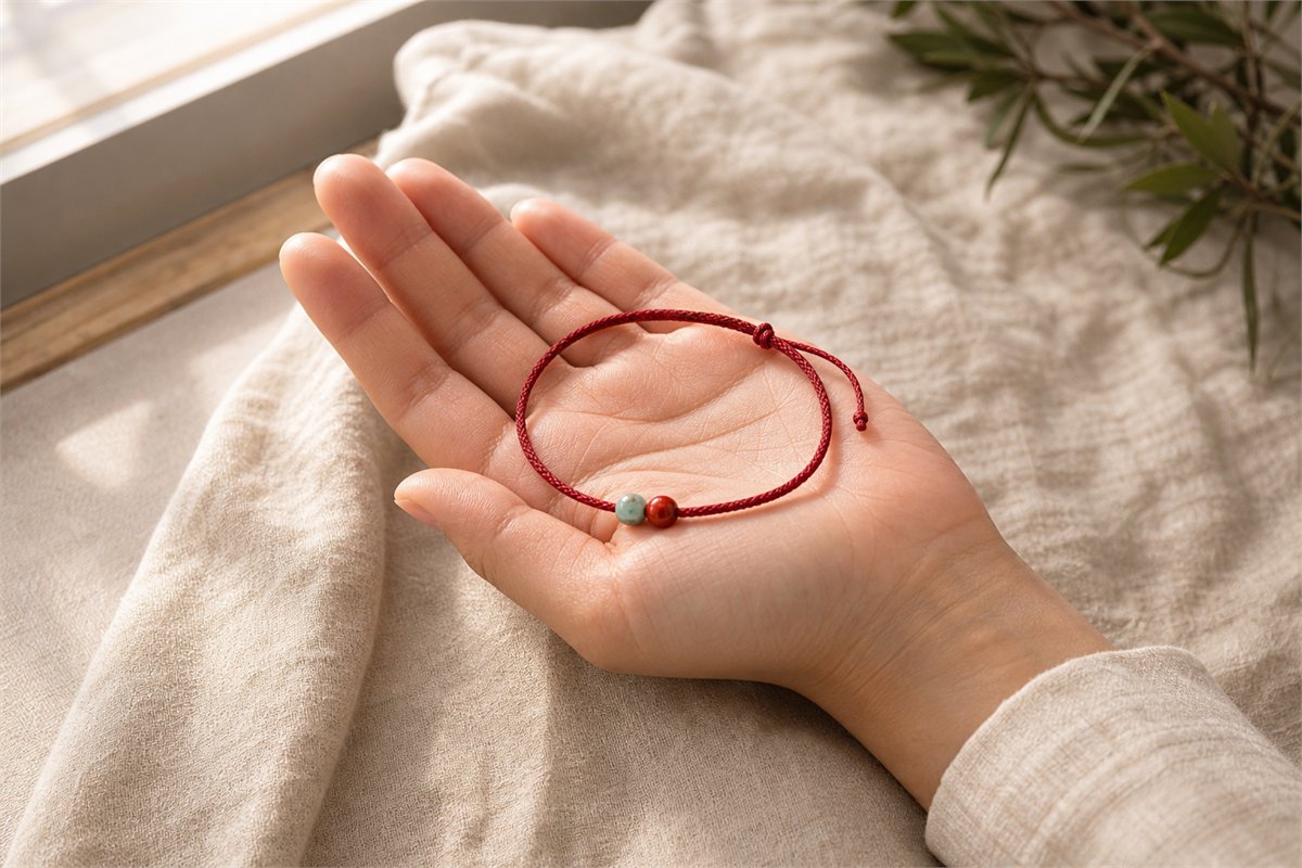 Open palm holding a simple red cord bracelet with turquoise and red agate beads near a window
