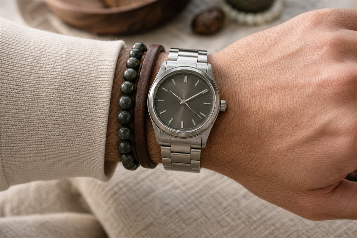 Dark bead bracelet separated from a steel watch by a narrow brown leather bracelet