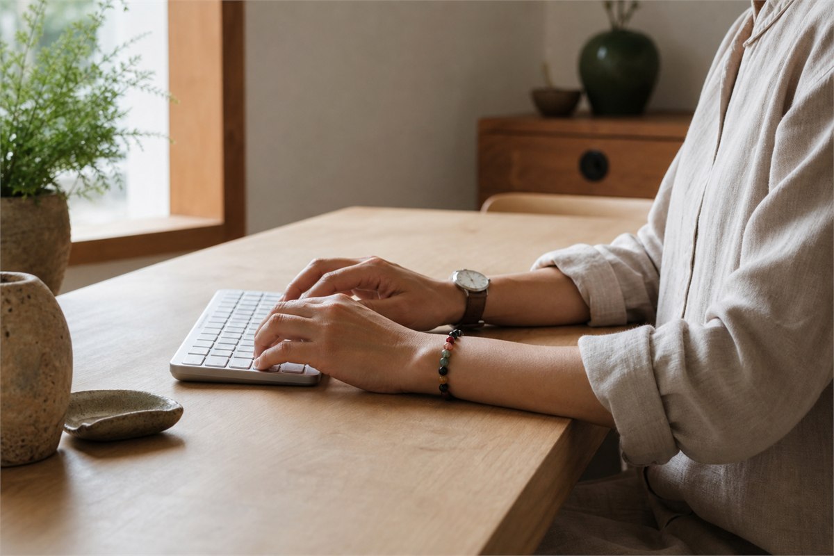 Natural hands at a keyboard with a gemstone bracelet on the quieter wrist and a watch on the other