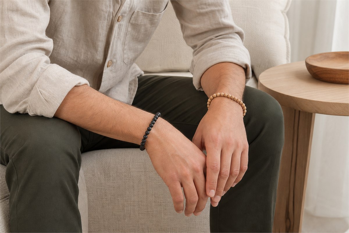 Seated adult wearing one light wood bracelet and one small dark stone bracelet on opposite wrists