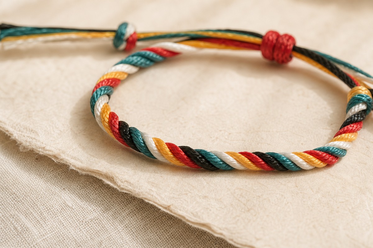 Close detail of braided blue green red yellow white and black bracelet threads