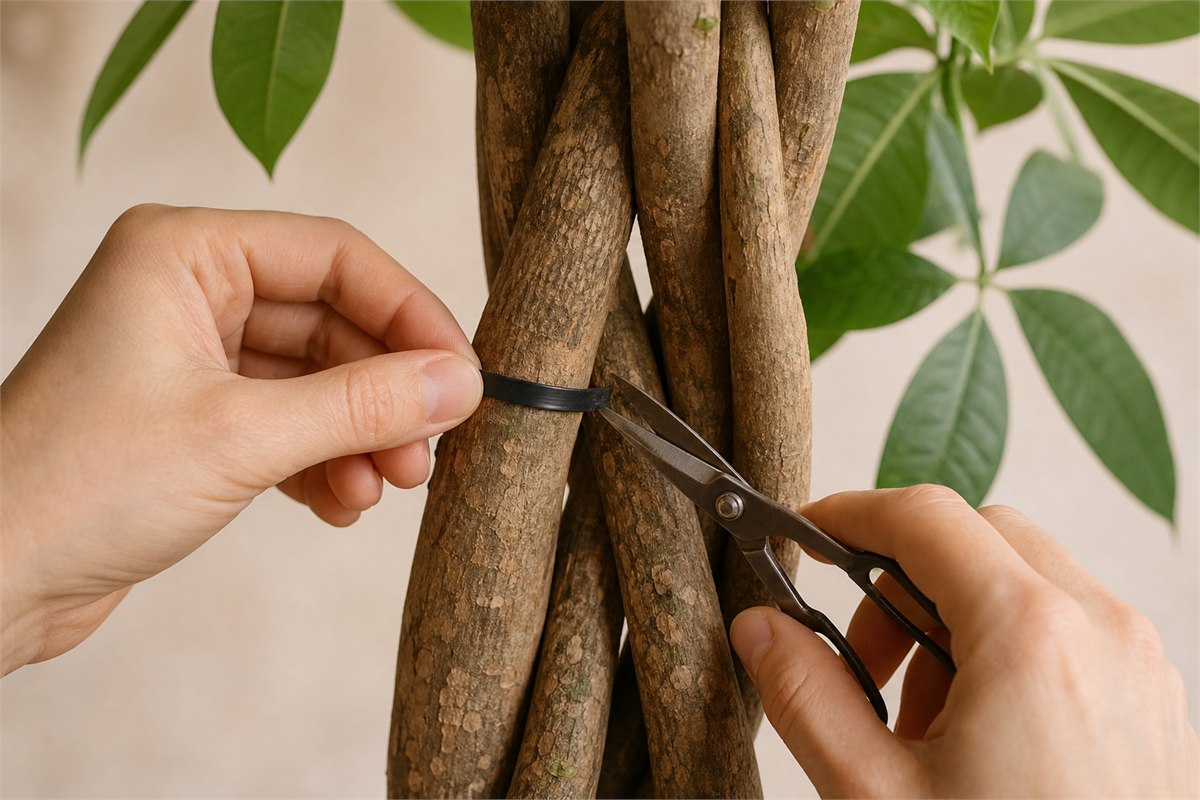 Hands loosening a tight nursery tie from braided money tree trunks