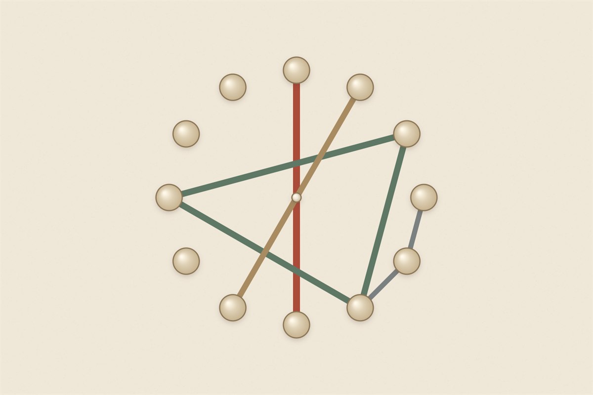 Twelve neutral tokens connected by paired and triangular paper lines