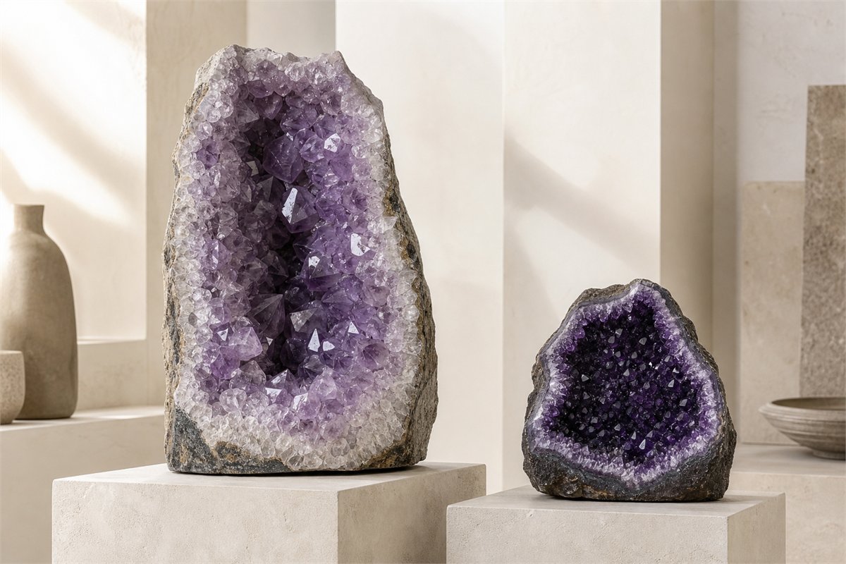 Tall lighter open amethyst geode beside a smaller darker fine-crystal geode