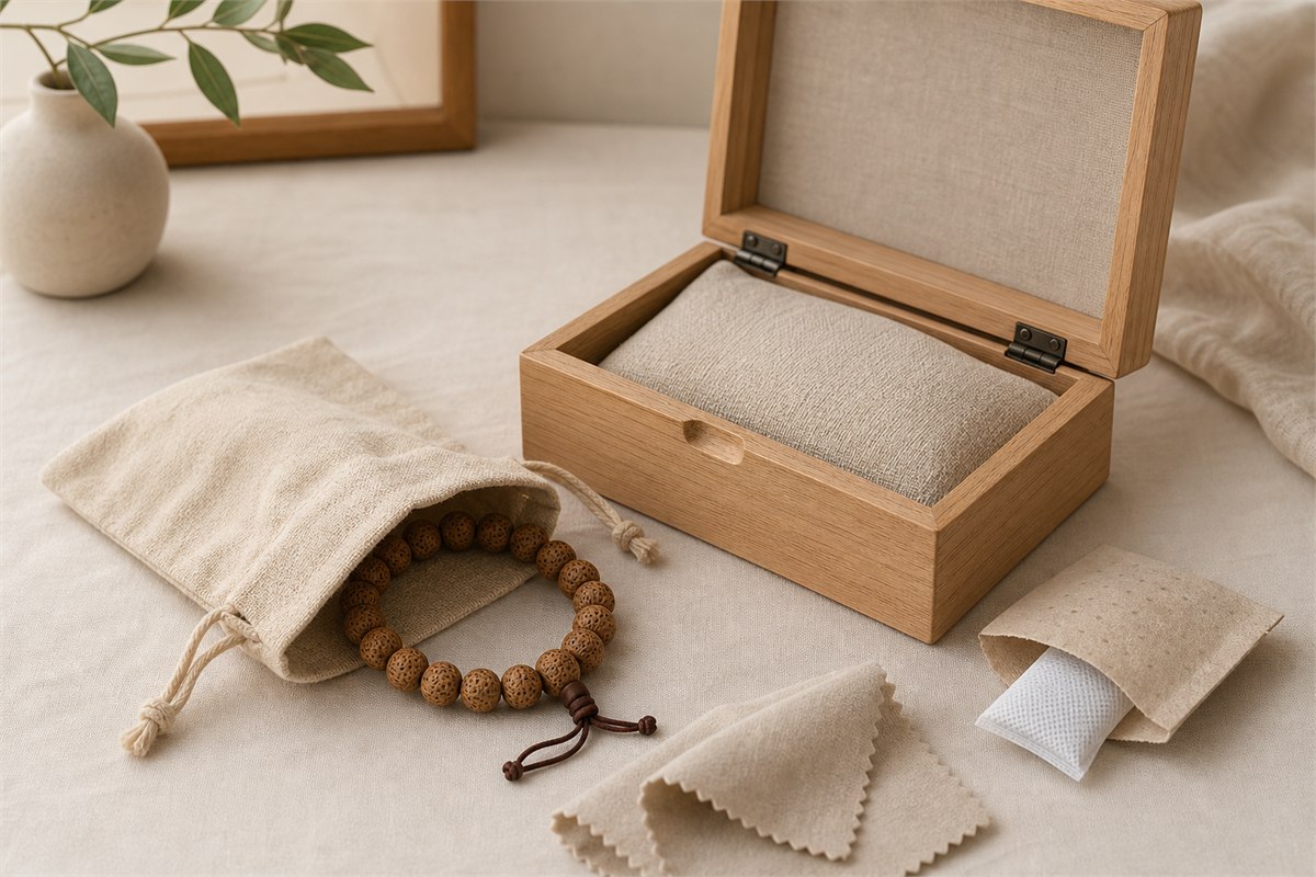 Dry Bodhi bracelet beside an open cotton pouch, wood jewelry box, and separated desiccant