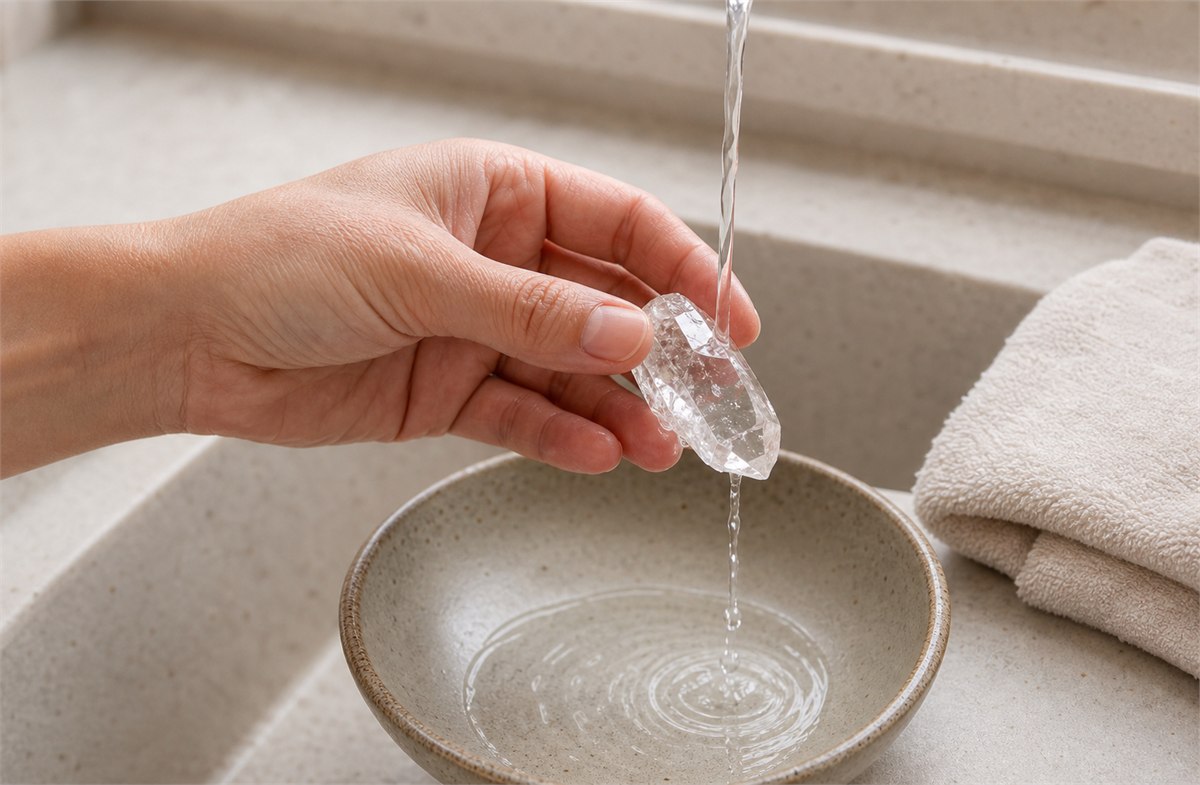 Hand holding one plain clear quartz point under a gentle water stream above a ceramic catch bowl