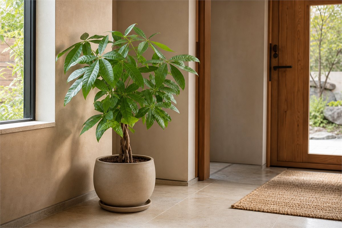 Healthy broad-leaf plant in a stable ceramic pot beside a sunlit entry wall and outside the walking path