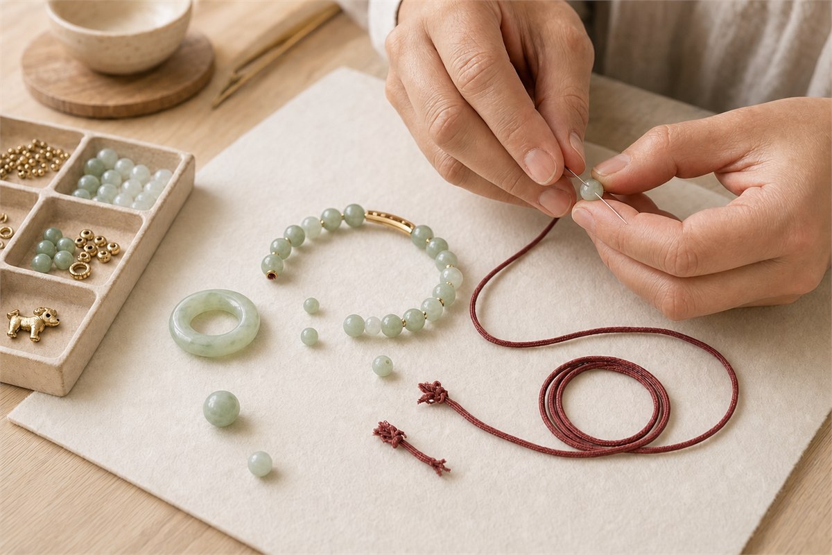 Craftsperson restringing jade beads while a single gold Dog charm and bracelet parts remain contained in a divided tray