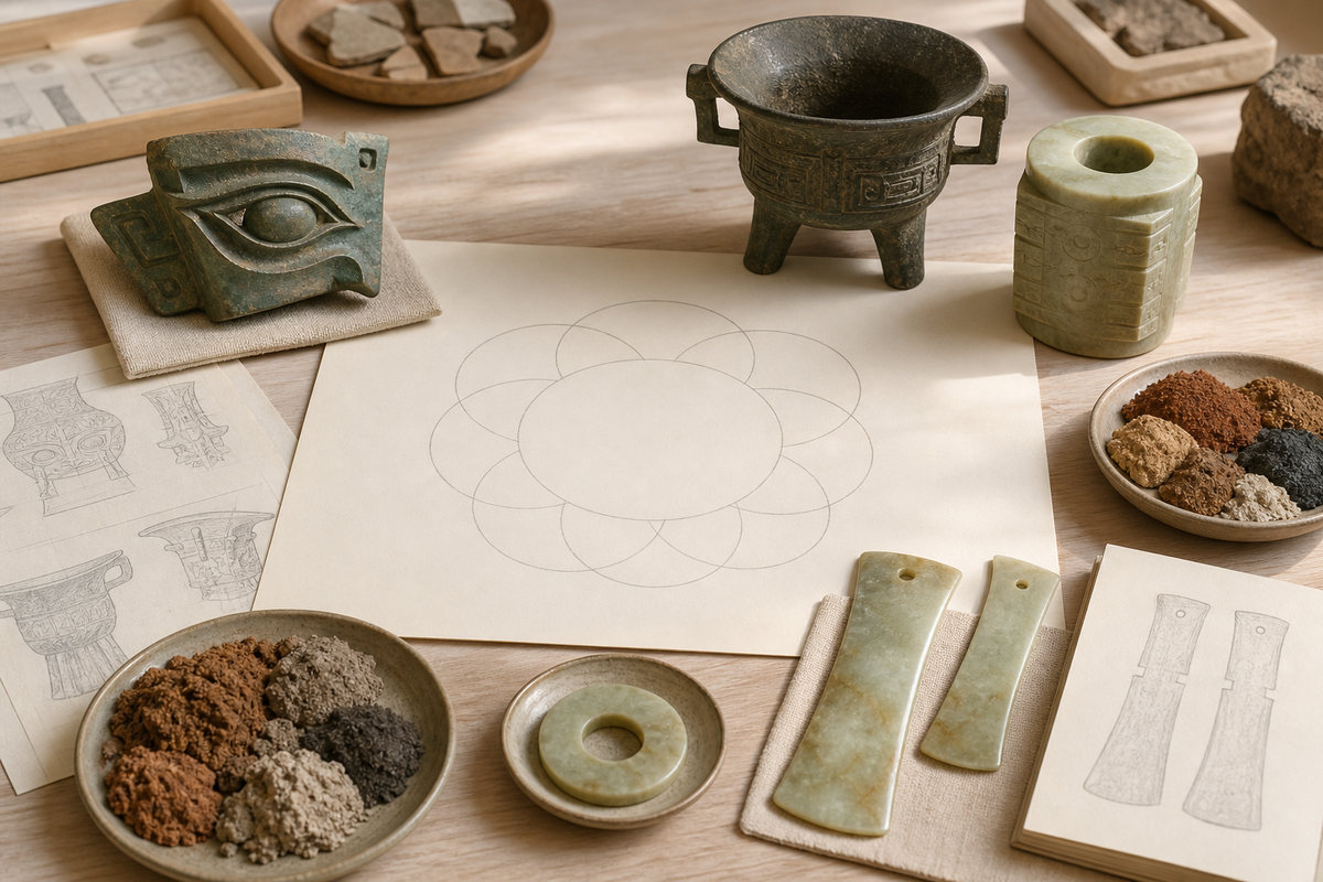 Separated bronze and jade study forms arranged around overlapping neutral circles on a research table