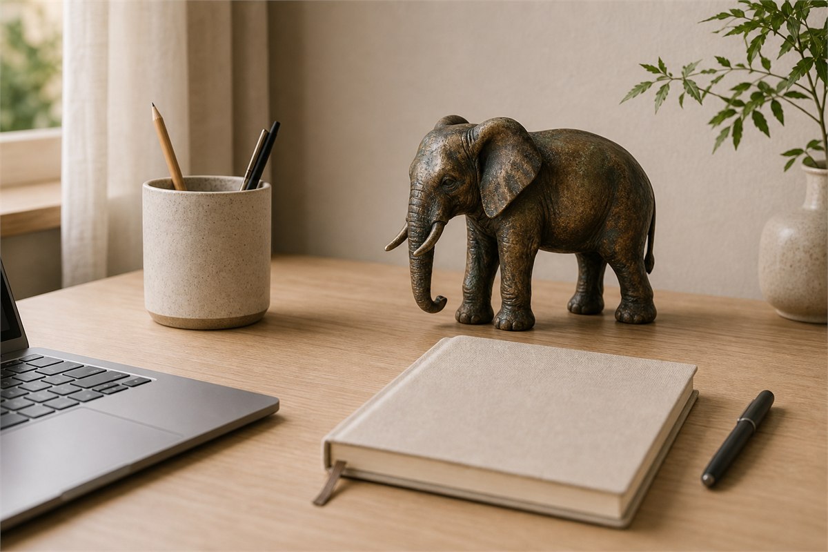 Aged bronze elephant sculpture beside a notebook on a home office desk
