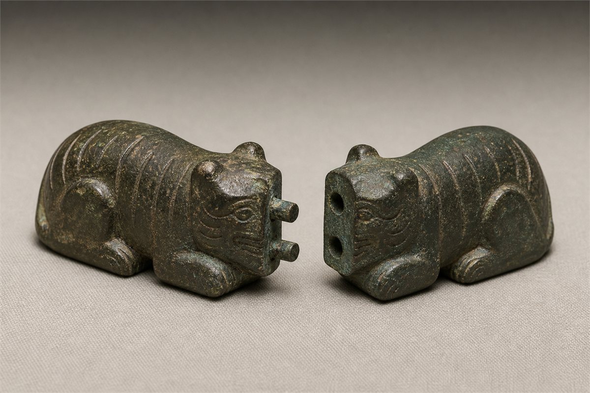 Two bronze tiger-shaped tally halves with matching pins and sockets