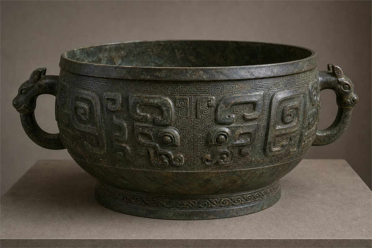 Generic ancient bronze food vessel with raised animal-mask motifs over a fine squared-spiral ground