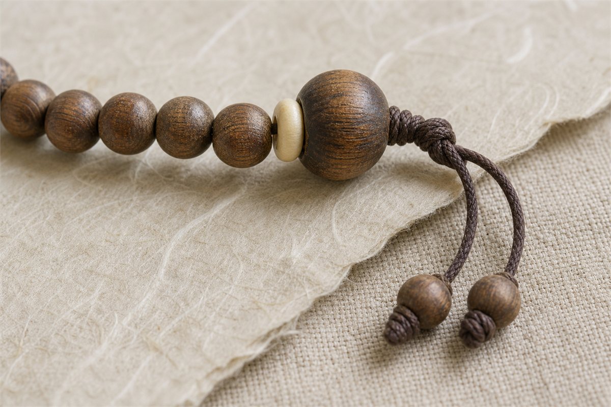 Wooden prayer beads with a larger terminal bead, divider, cord, and counter fittings