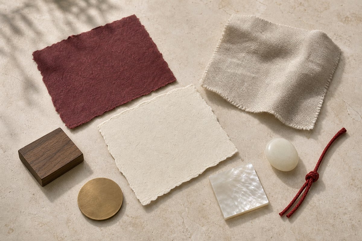 Burgundy paper, ivory card, linen, walnut, matte brass, mother-of-pearl, white jade, and red cord