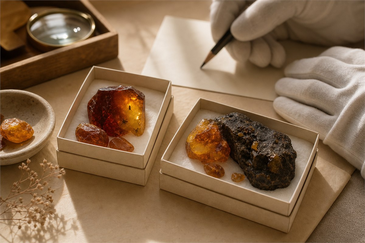 Amber specimen boxes, a coal-bearing rock fragment, and a curator’s gloved hand.