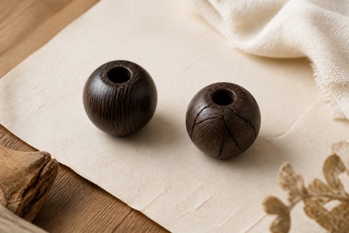 Wood bracelet samples comparing overly even dark burn lines with more irregular natural grain marks