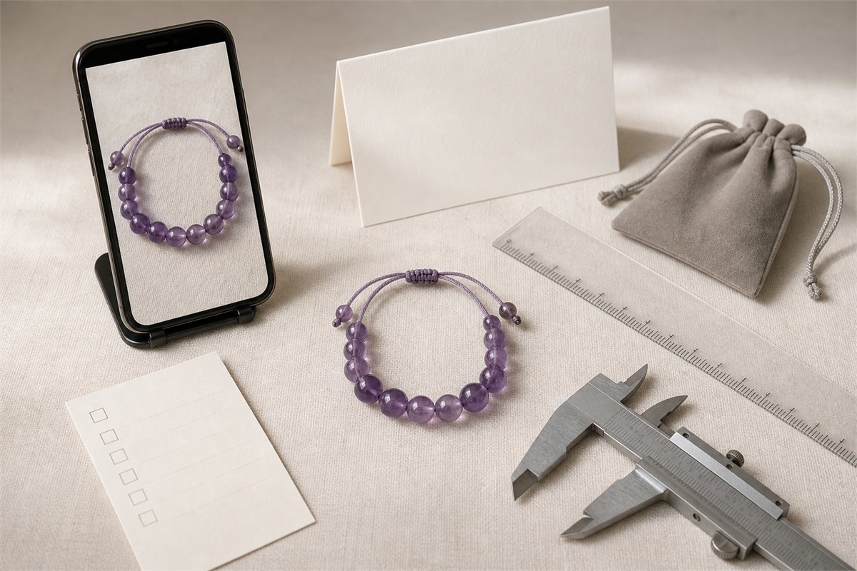 Amethyst bracelet photographed beside a phone ruler caliper checklist and pouch