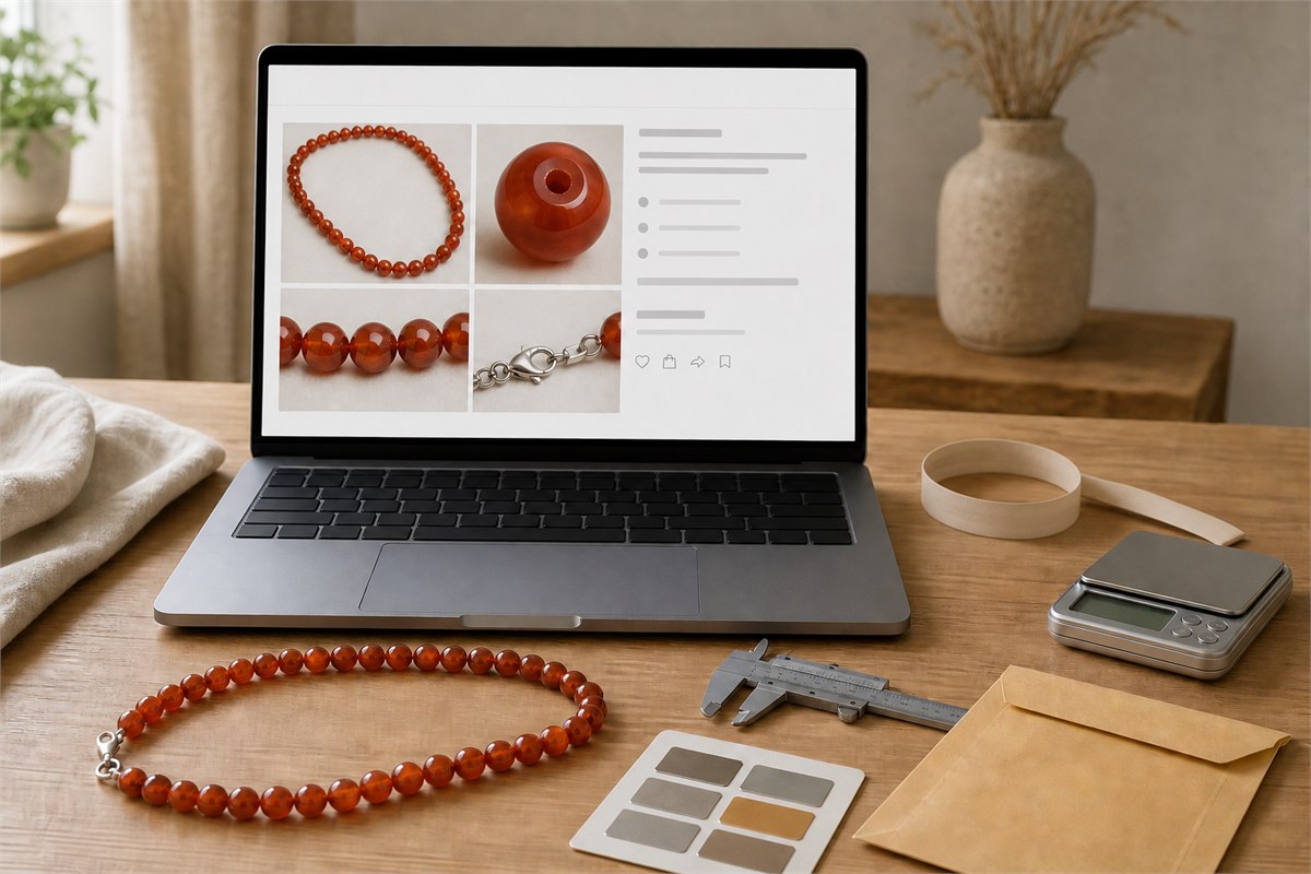 Generic online carnelian listing shown with the real strand, calipers, scale, measuring tape, and return envelope