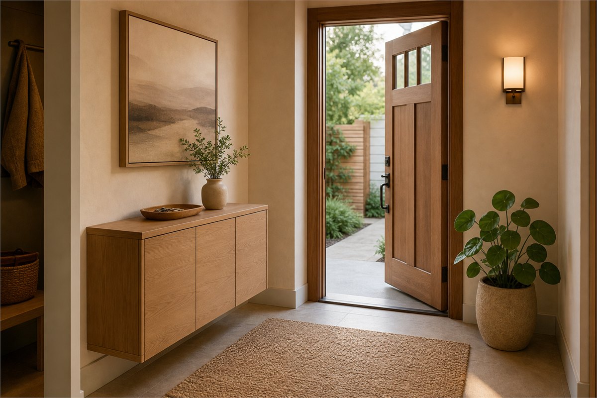Bright organized entryway with clear walking space, smooth wood door, soft light, contained storage, and one green plant