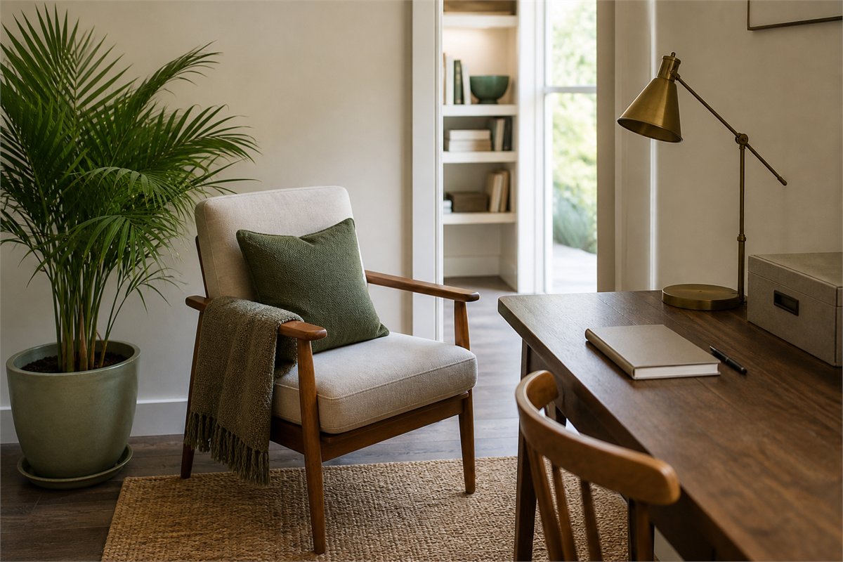 Wood-and-linen chair beside a desk, blank notebook, file box, task lamp, and parlor palm