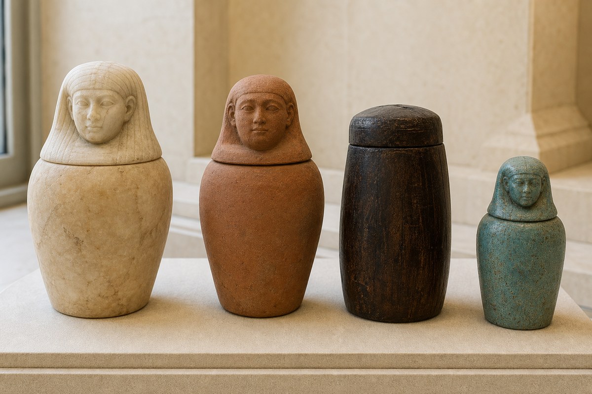 Stone, pottery, wood, and faience canopic containers with different lid forms