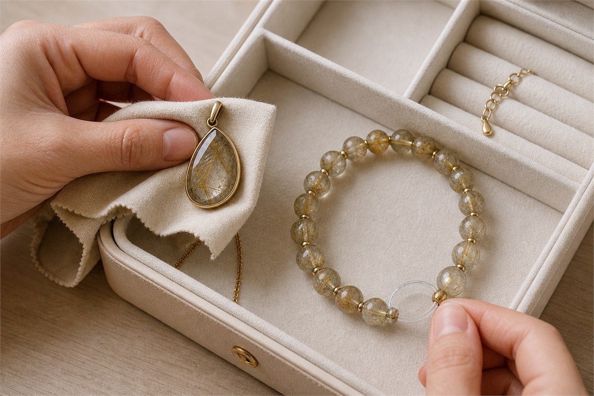 Rutilated quartz pendant wiped with a soft cloth beside an elastic bracelet in separate padded storage