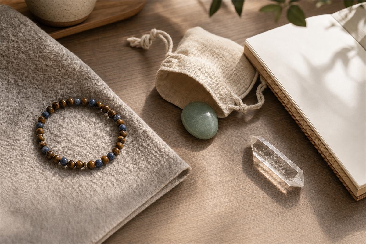 Tiger’s eye and sodalite bracelet, green aventurine pocket stone, and clear quartz desk point