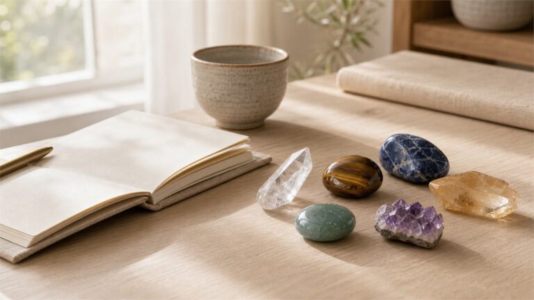 Clear quartz, tiger’s eye, sodalite, citrine, green aventurine, and amethyst on a warm wooden workspace