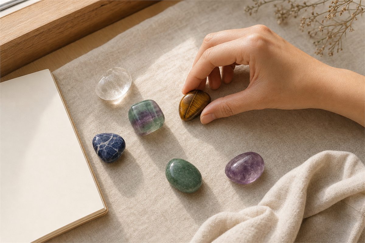 Hand choosing a tiger’s eye stone beside clear quartz, fluorite, sodalite, green aventurine, and amethyst