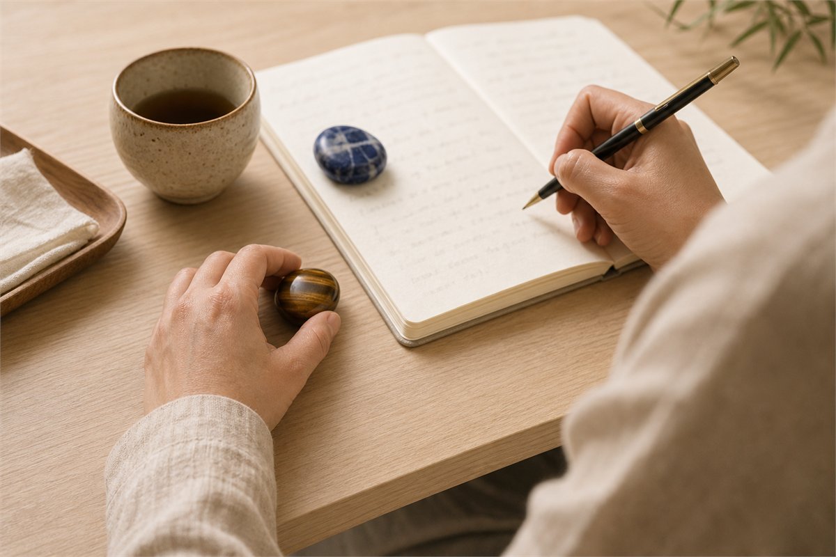 Hands preparing notes beside tiger’s eye and sodalite on a warm wooden desk
