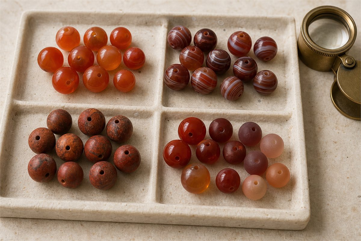 Separated trays of carnelian, banded agate, red jasper, glass, and resin beads