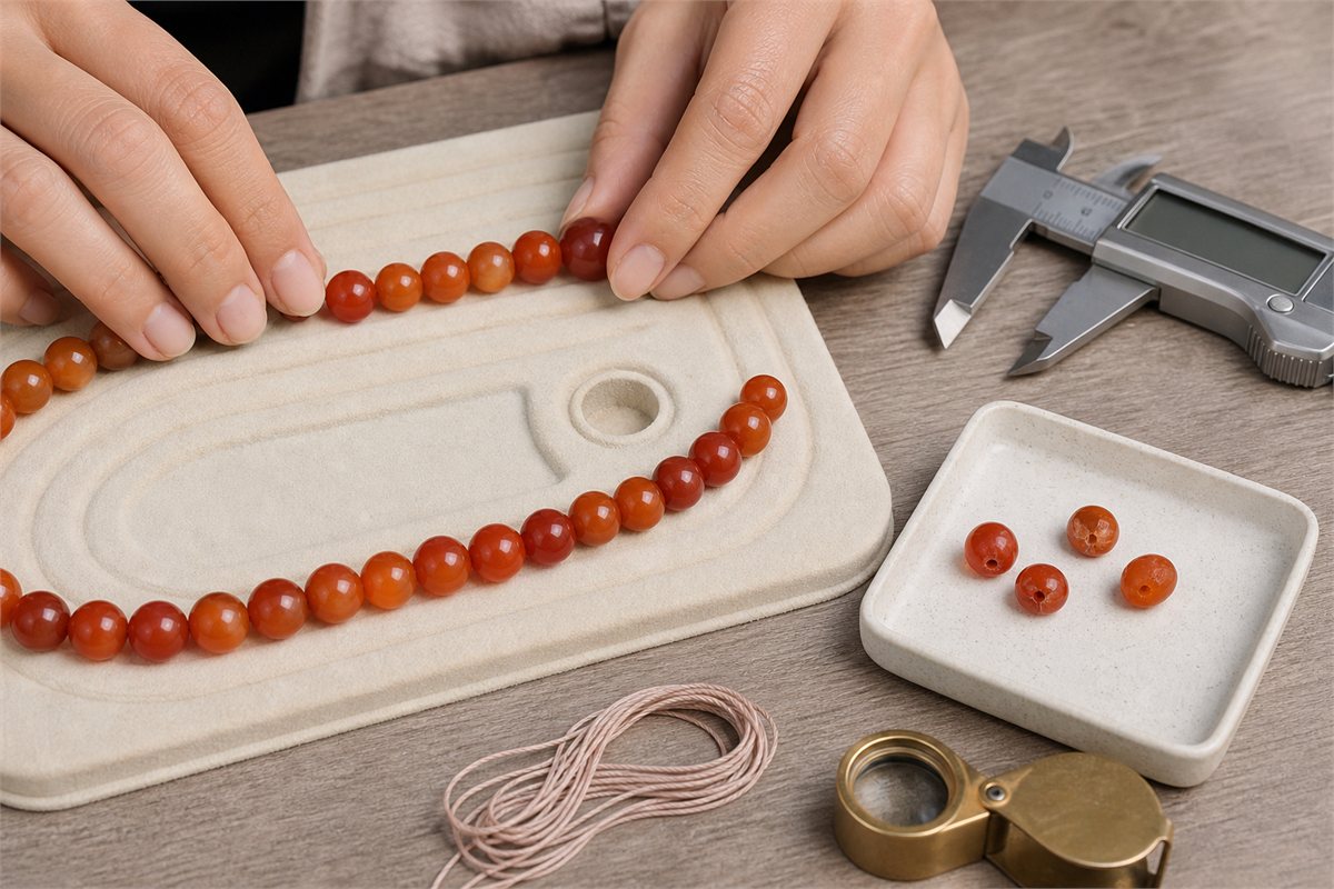 Hands matching a carnelian strand beside calipers, cord, loupe, and beads with chips or fissures