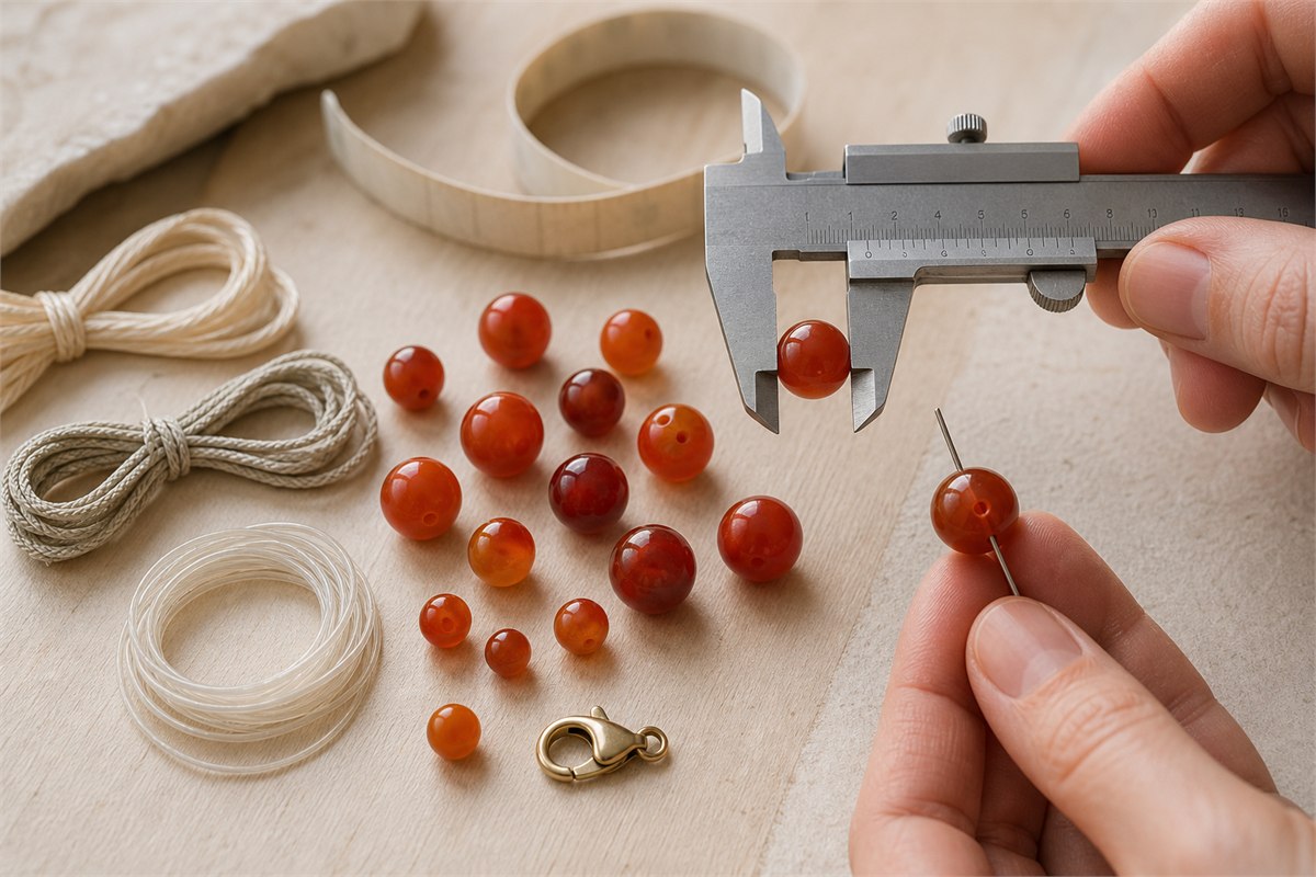 Carnelian beads measured with calipers beside drill-hole gauge, cords, clasp, and measuring tape