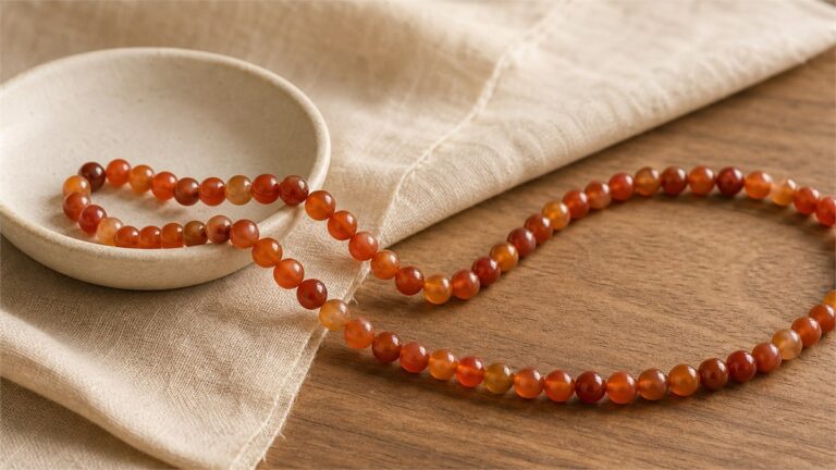 Polished orange and reddish-brown carnelian bead strand on ivory linen and warm wood