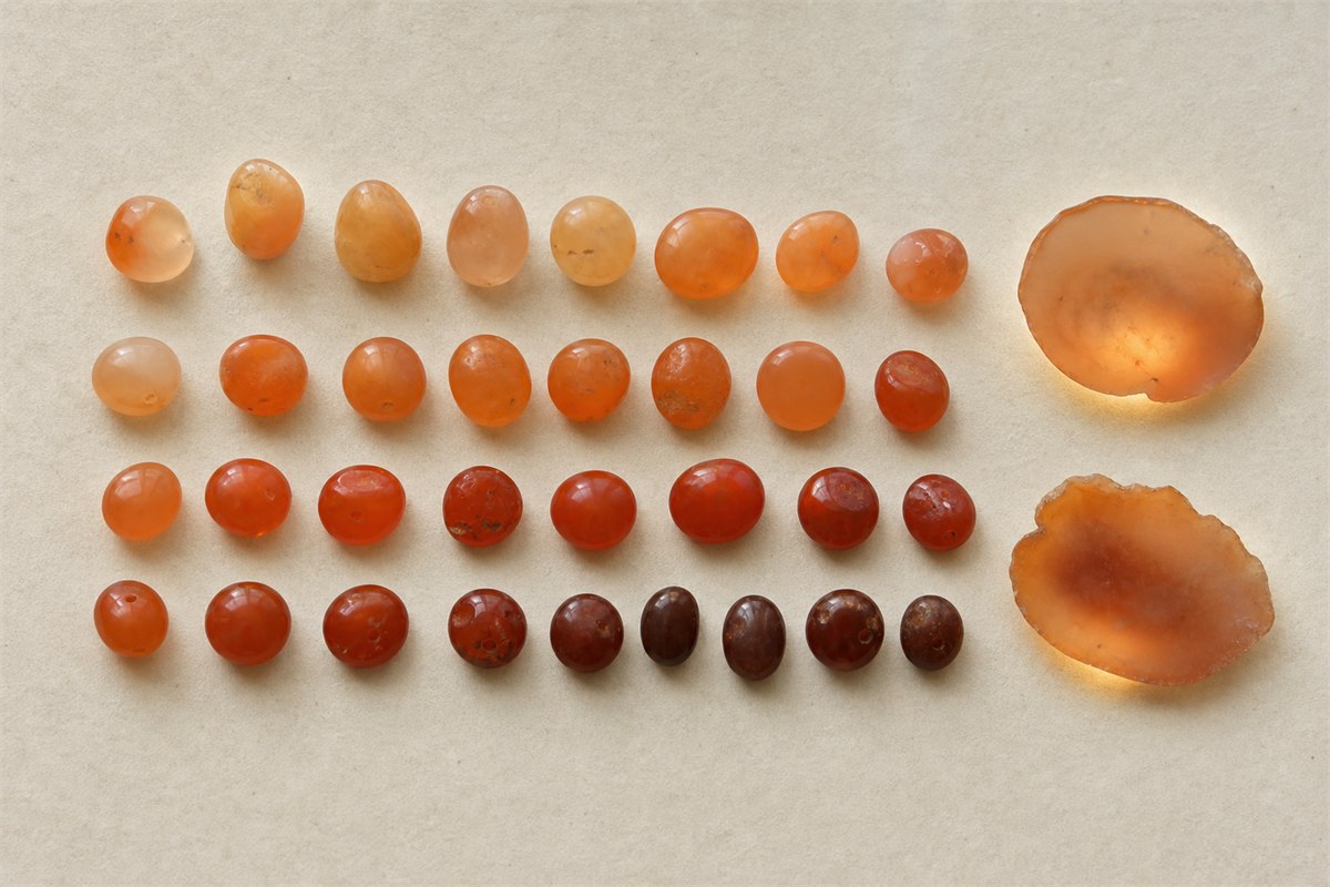 Natural-looking carnelian beads arranged from pale orange to deep reddish brown with translucent slices