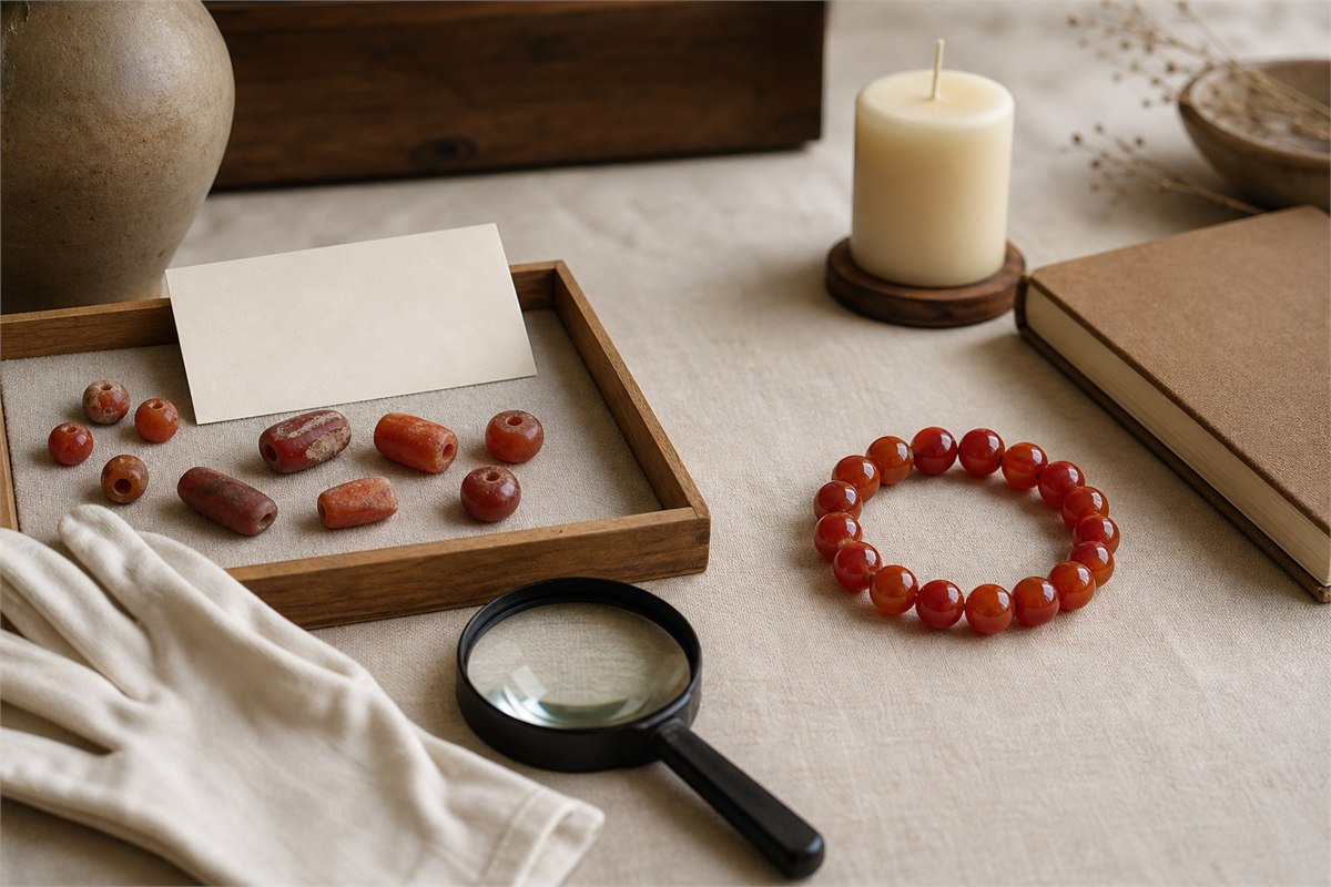 Archaeological carnelian beads in a study tray beside a modern polished bracelet, journal, and unlit candle