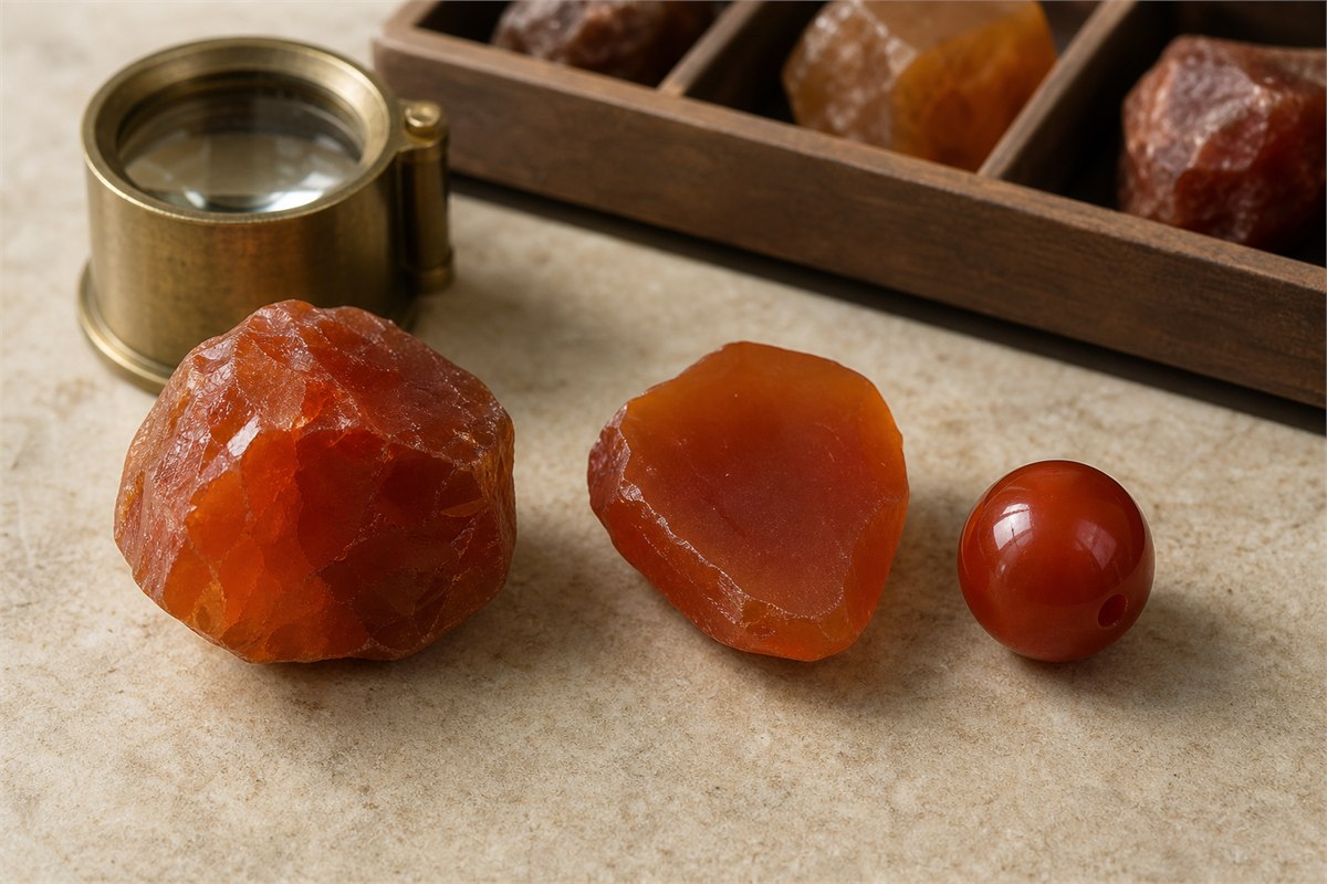 Rough, sliced, and polished drilled carnelian specimens with a brass loupe