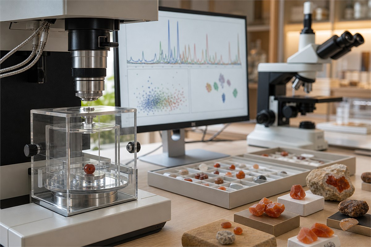 Carnelian bead in a laser-analysis chamber with microscopes and abstract spectral plots