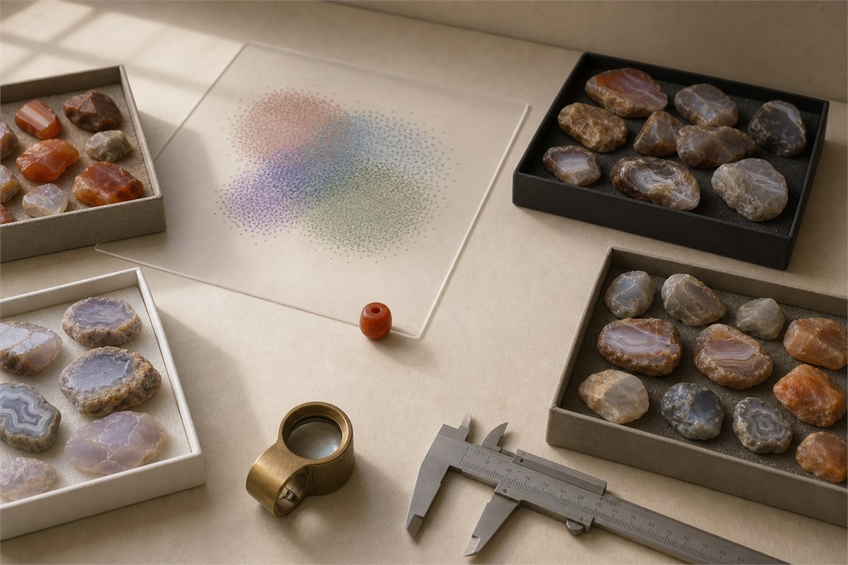 Single carnelian bead compared with four geological sample trays and overlapping statistical clusters