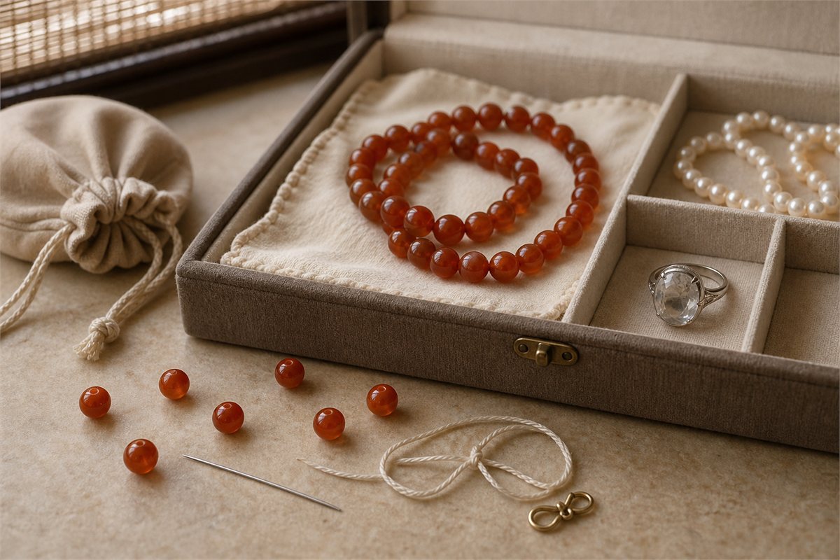 Carnelian stored in a divided jewelry box beside separate pearls, a ring, cord, needle, and clasp