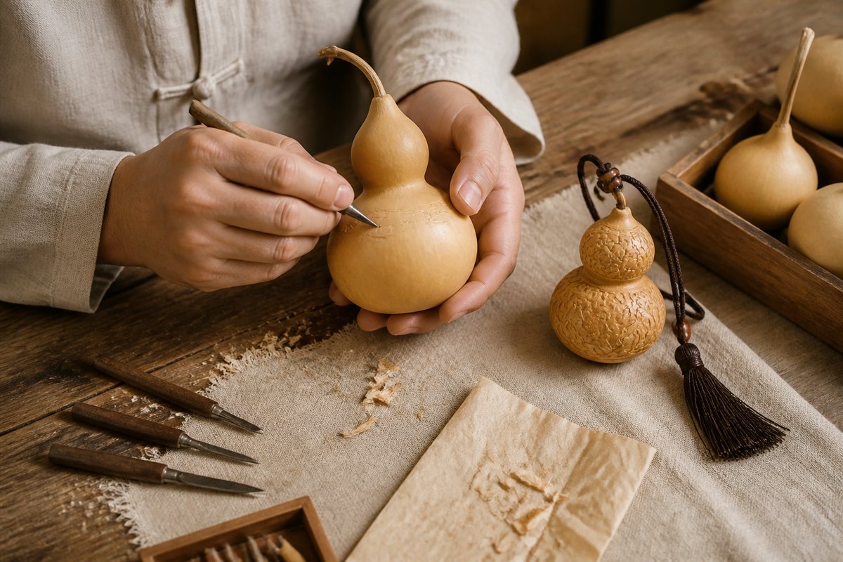 Hands holding a natural hulu gourd beside carving tools, wood shavings, and a finished carved hulu ornament