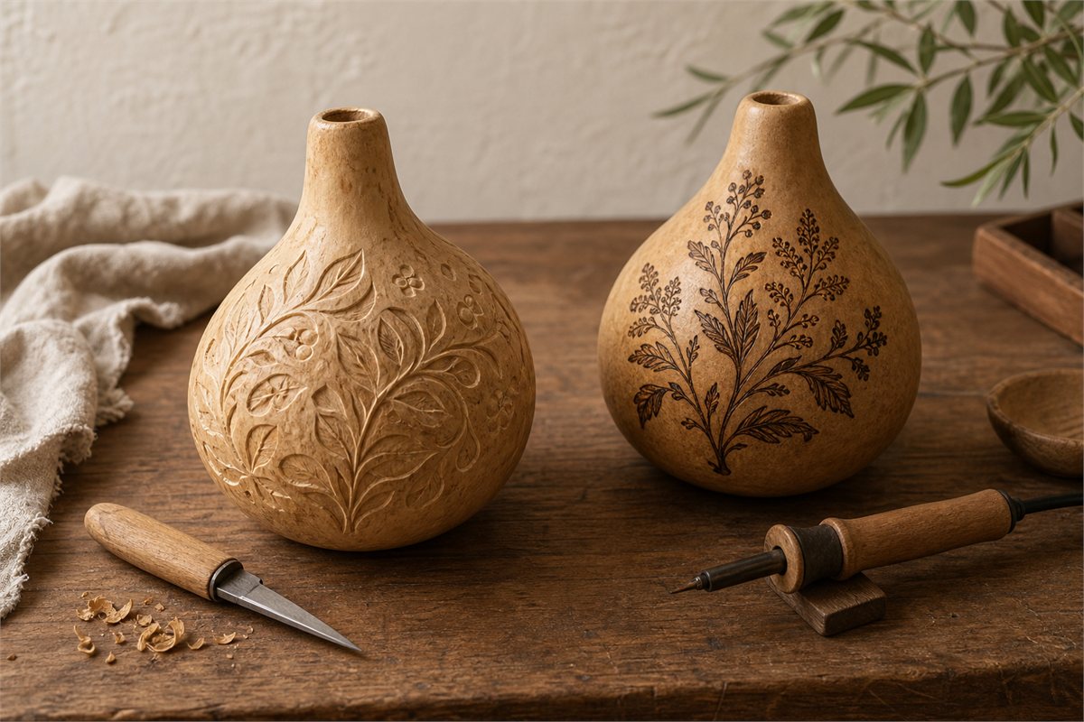 One dried gourd with shallow carved botanical relief beside another with flat dark pyrography lines and their tools