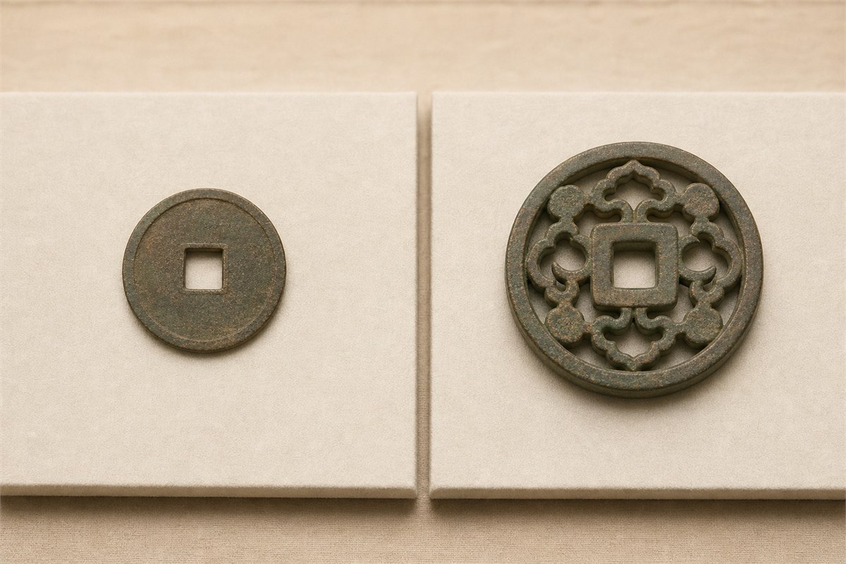 Plain square-holed cash coin replica beside a thicker openwork charm replica